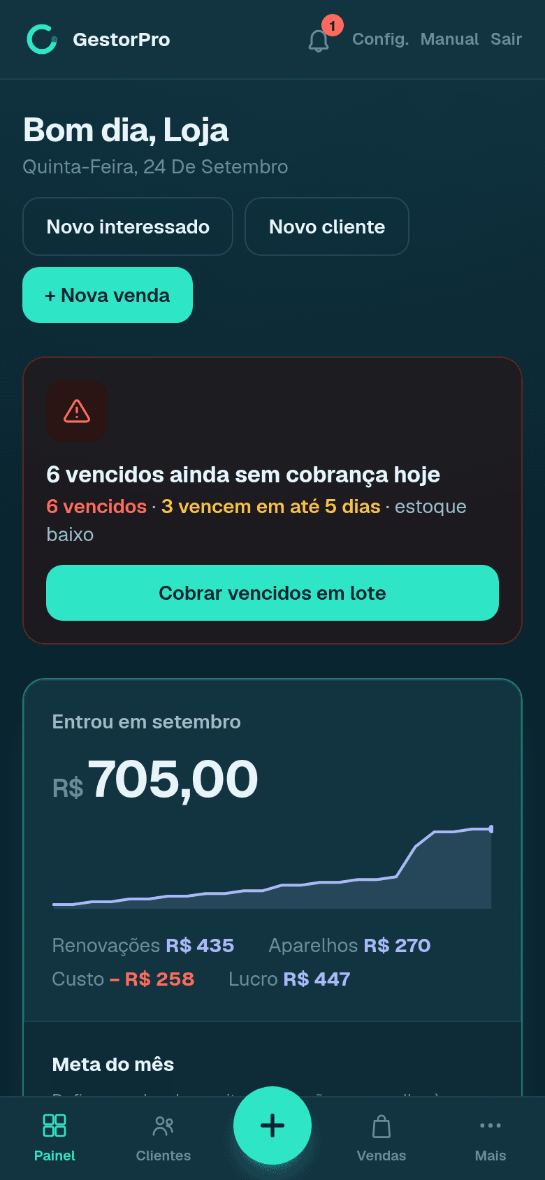 Painel do GestorPro no celular